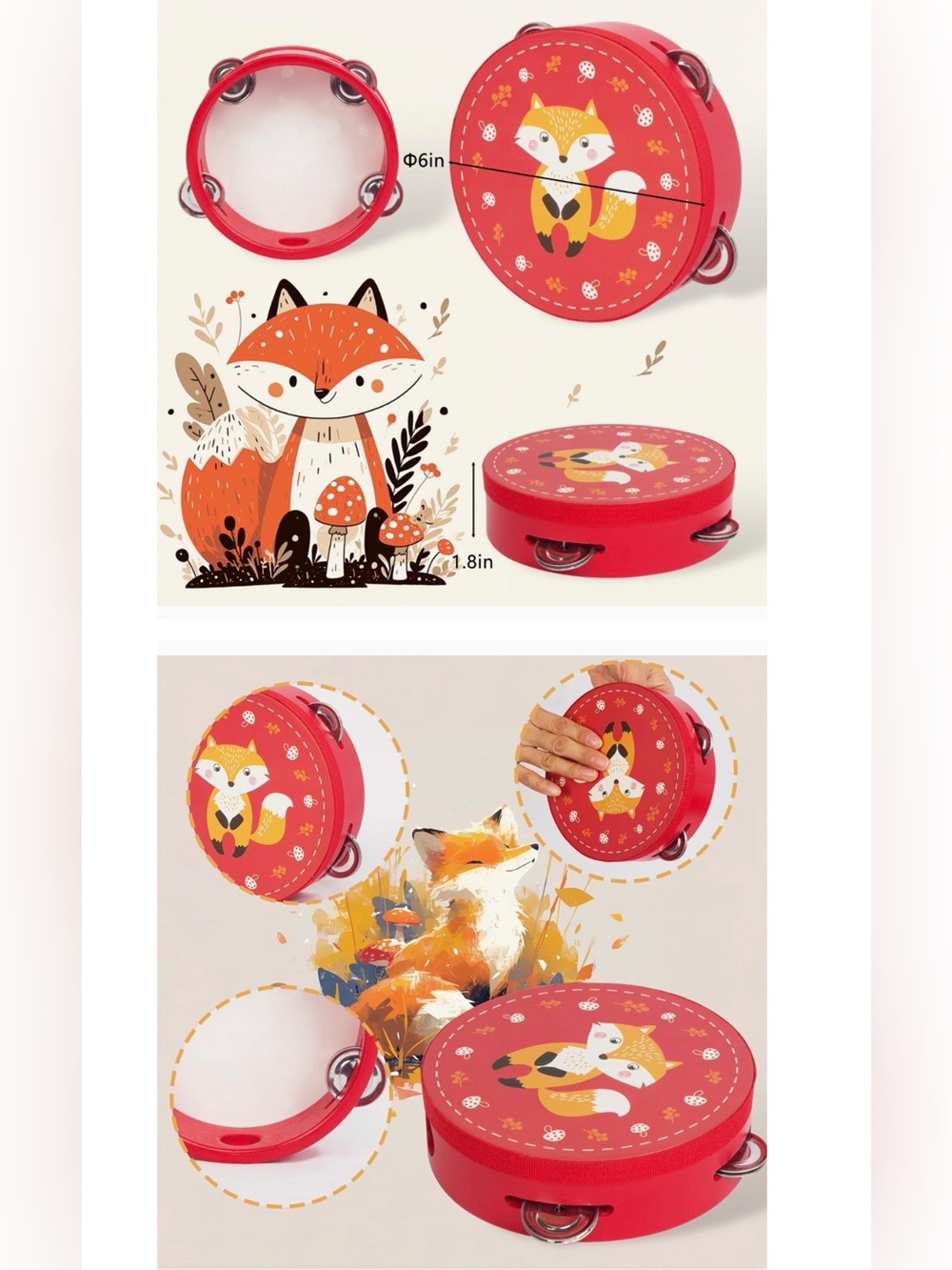 NIB - WoodenEdu Wooden Tambourine Toy Set (Red Fox & Yellow Bear) - Picture 10 of 11